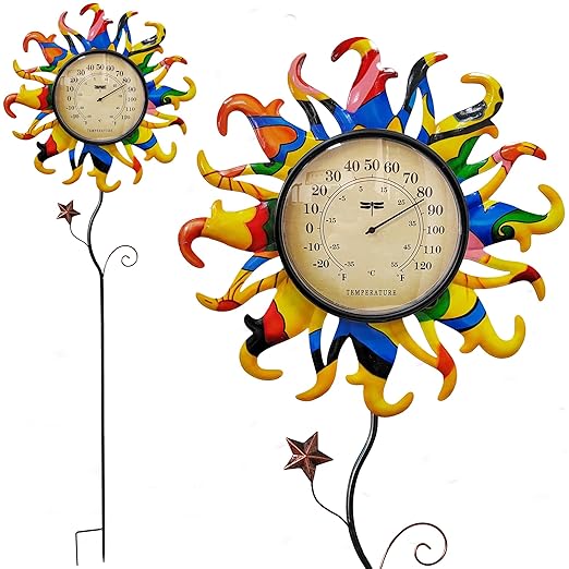 Metal Sun Thermometer Indoor Outdoor Ornament Wall Art Decor, Sun Plaque Sculpture Hanging Mounted for Living Room Bedroom Kitchen Patio for Home or Garden, No Battery Required (YELLOW SUN STAKE)