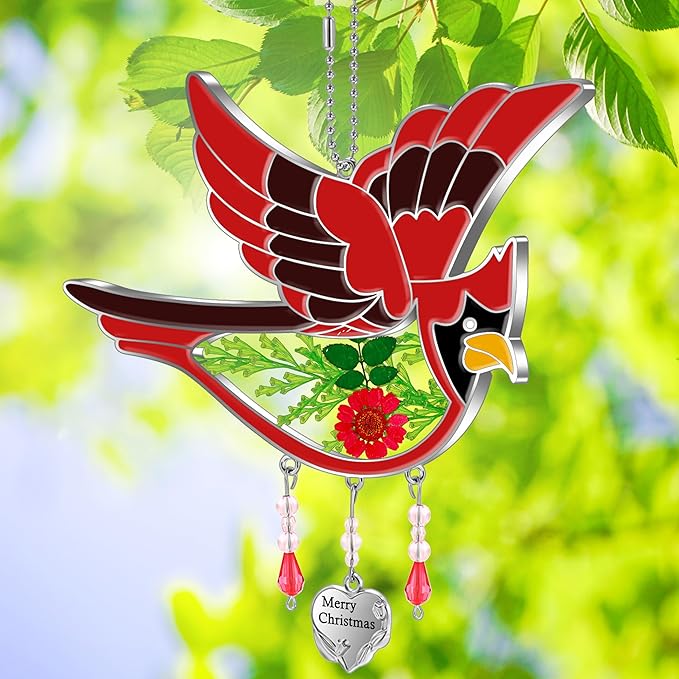 KY&BOSAM Merry Christmas Cardinal Suncatcher Stained Glass with Pressed Real Drived Flowers and Metal Heart Charm Wind Chime Hanings Ornament for Windows Gift for Women Mom Nana Christmas Home Decor