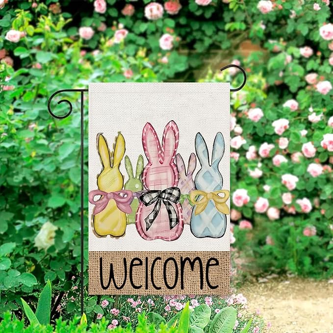 Easter Garden Flag 12x18 Inch Vertical Double Sided, Welcome Easter Bunny Rabbit Yard Flags for Outside Decor, Spring Holiday Outdoor Seasonal Decorations for Home