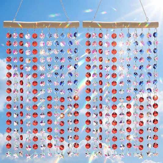 Suncalla 2 Pcs 4th of July Crystal Suncatcher American Flag Wind Chime with Chain Patriotic Window Decor Red Blue and White USA Hanging Making Rainbow Prism for 250th Anniversary Garden Home Gift