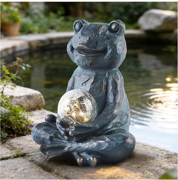 Solar Meditation Frog Garden Statue with Crackle Glass Ball Light, Zen Outdoor Decor, Waterproof Solar Powered Garden Sculpture, 8.7"