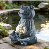 Solar Meditation Frog Garden Statue with Crackle Glass Ball Light, Zen Outdoor Decor, Waterproof Solar Powered Garden Sculpture, 8.7"