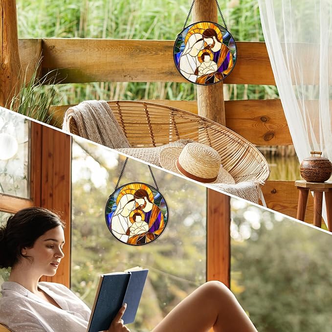 Christian Baby Jesus Nativity Suncatcher Stained Glass Window Hanging Decor, Christian Christmas Stained Glass Wall Decor Gifts, Nativity Scene Garden Lawn Sun Catchers Window Art, 7.9x7.9In