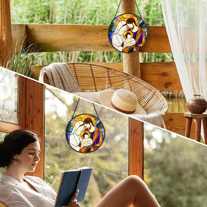 Christian Baby Jesus Nativity Suncatcher Stained Glass Window Hanging Decor, Christian Christmas Stained Glass Wall Decor Gifts, Nativity Scene Garden Lawn Sun Catchers Window Art, 7.9x7.9In