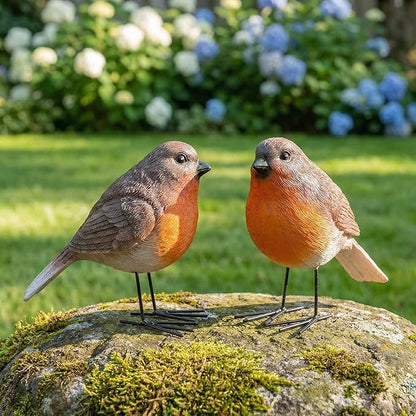 2Pcs Realistic Robin Figurines Ornaments Resin Bird Statues with Sturdy Metal Feet Small Animal Sculpture Decoration for Garden Patio, Outdoor Shelf, Miniature Scene & Yard Art, Gift for Nature Lovers