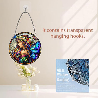 Stained Glass Window Hanging Suncatcher, 8" Round Fairy Butterfly Sun Catcher, Colorful Decorative Glass Art for Outdoor Indoor Home Garden, Gift for Mom & Wife