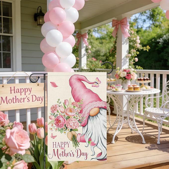 Heyfibro Happy Mother's Day Garden Flag 12x18 Double Sided Burlap, Gnome Garden Flag with Pink Floral Bouquet Yard Banner for Spring Outside Outdoor House Mothers Day Decoration (ONLY FLAG)
