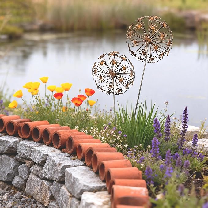 2 Pack Metal Flower Stakes for Outside, 3D Rusty Metal Plants Garden Statues Yard Art, Outdooor Decorative Garden Stake for Flower Bed Lawn Balcony Flower Pot (Style 1)