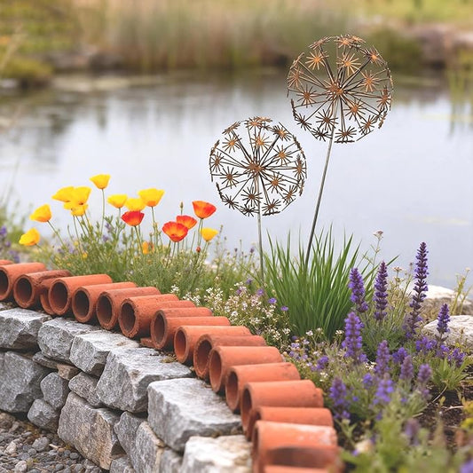 2 Pack Metal Flower Stakes for Outside, 3D Rusty Metal Plants Garden Statues Yard Art, Outdooor Decorative Garden Stake for Flower Bed Lawn Balcony Flower Pot (Style 1)