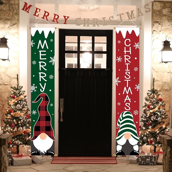 Ivenf Christmas Decorations Outdoor Yard: Cute Red Green Gnome Tomte Front Porch Sign Door Banner, Hanging Merry Christmas Decorations for Home, Indoor Outdoor Xmas Decor Wall Front Door Yard Garage
