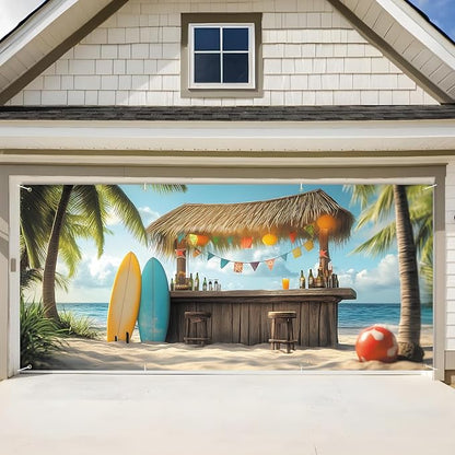 ANNA QUEEN Tiki Bar Garage Door Banner 6 x 13FT, Tropical Beach Surf Scene with Palm Trees and Surfboards,Outdoor Garage Decoration for Summer Parties Home Decor