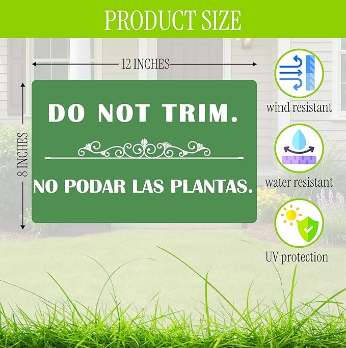 3 Pcs 12x8 Inches Corrugated Plastic Do Not Trim Yard Signs with Metal Stakes - Bilingual Plastic Plant Signs or Garden Markers for Outdoor Lawn - Double Sided No Trim or Mow Signs