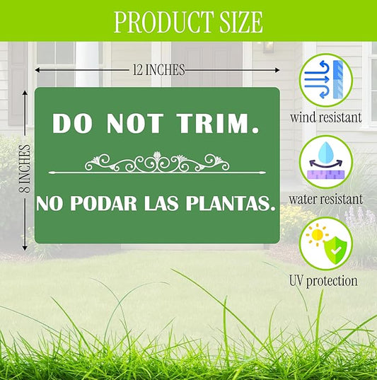 3 Pcs 12x8 Inches Corrugated Plastic Do Not Trim Yard Signs with Metal Stakes - Bilingual Plastic Plant Signs or Garden Markers for Outdoor Lawn - Double Sided No Trim or Mow Signs