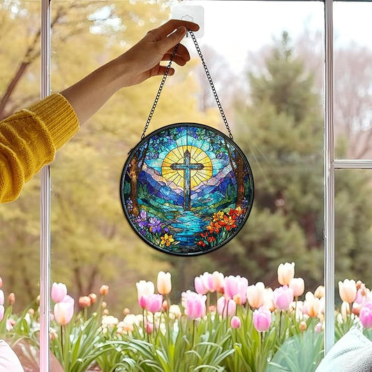 Christian Cross Suncatcher Stained Glass Window Hanging Decor, Christian Sunshine Stained Glass Wall Decor Gifts, Religious Baptism Nature Lawn Garden Sun Catchers Hanging Wall Art, 7.9x7.9 in