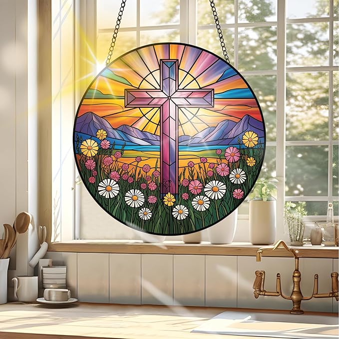 VAIIEYO Cross Sun Catcher Stained Glass Window Hanging Ornament, Handmade Sun Catcher Religion Decoration with Hooks for Window Garden Home, Mother's Day & Birthday Housewarming Gift (7.8 inch)