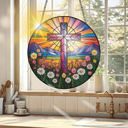 VAIIEYO Cross Sun Catcher Stained Glass Window Hanging Ornament, Handmade Sun Catcher Religion Decoration with Hooks for Window Garden Home, Mother's Day & Birthday Housewarming Gift (7.8 inch)