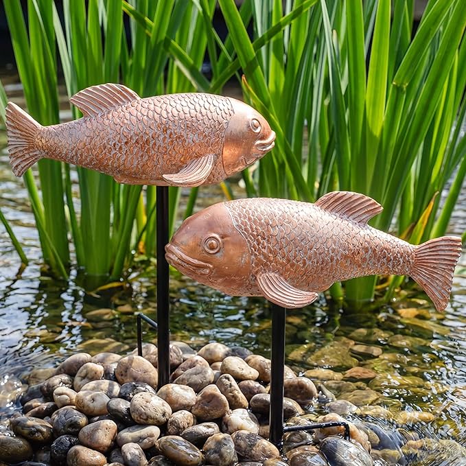 Koi Pond Decor - 2PCs Large Ceramic Bronze Antique Koi Fish Statue, Resin Real Fish Sculpture, Elegant Garden Art & Outdoor Statues for Patio