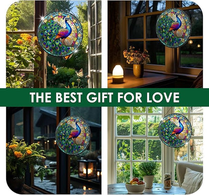 Stained Glass Window Hanging, 7.9" Peacock Suncatcher Ornament, Hand-Painted Round Stained Glass, Peacock Themed Gifts for Women & Bestie, Indoor/Outdoor Garden Wall Art & Housewarming Decor