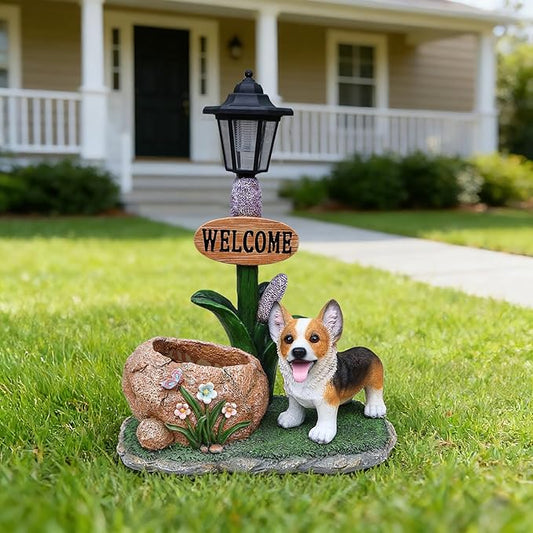 20" Solar Corgi Garden Statue with Welcome Sign & Planter - Large Dog Sculpture with LED Street Lantern - Weatherproof Resin Decorative Flower Pot for Porch, Yard & Patio - Pet Lover Gift