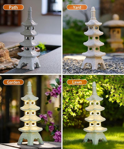 Nacome Solar Pagoda Garden Statues: 15.7 inches Multi-Layer Outdoor Waterproof Resin Zen Decor for Landscape Balcony Patio Porch Yard Ornament(Gray)