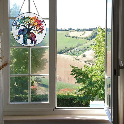 Elephant Tree Stained Glass Window Hanging Boho Animal Sun Catcher Decor Birthday Gifts for Women Christmas Elephant Suncatchers for Home Windows Hanging Decoration, 7.87inch