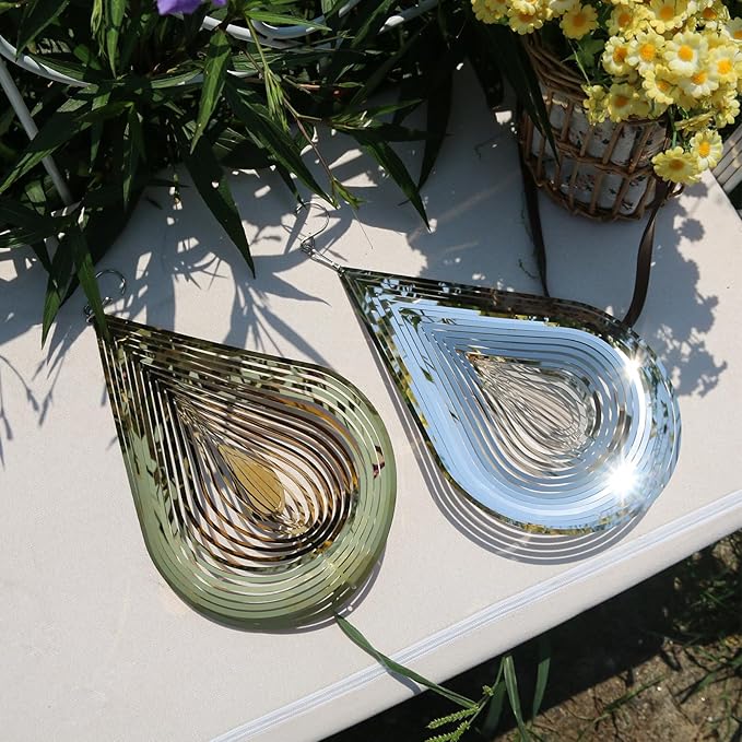 Phuryllic Wind Spinners Outdoor, Garden Decor, Bird Deterrents for Outside, 3D Metal Yard Decorations for Patio & Porch, Unique Gardening Gifts for Women & Moms - 12in Gold Waterdrop
