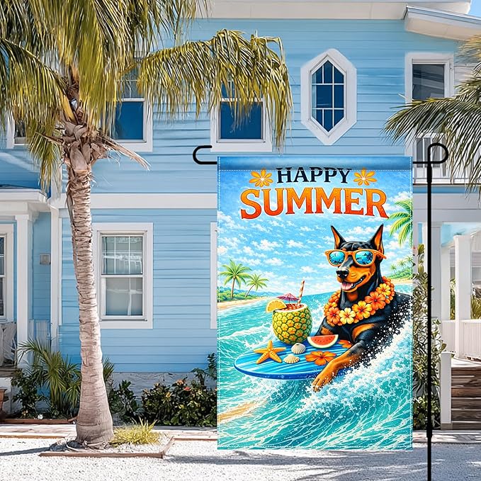 BlissYard Happy Summer Doberman Garden Flag 12x18 Double Sided Vertical Outdoor Decor Surfing Dog Tropical Beach Yard Garden Lawn Patio Banner