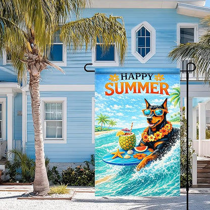 BlissYard Happy Summer Doberman Garden Flag 12x18 Double Sided Vertical Outdoor Decor Surfing Dog Tropical Beach Yard Garden Lawn Patio Banner