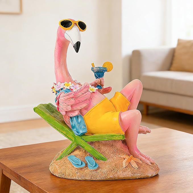 Teaeeno Pink Flamingo Figurines with Beach Chair Resin Bird Sculpture, Large Flamingo Ornaments for Coastal Home Wedding Decor, Housewarming Flamingo Gifts for Lady, Tropical Holiday Decor on Desk