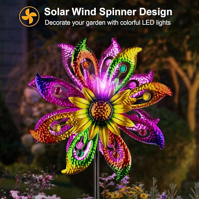 Solar Wind Spinner, 60.6 Inch Outdoor Metal Stake Yard Spinners, Sunflower Garden Outdoor Decor Yard Lawn Art Decor for Patio Kinetic Windmills Unique Gifts for Friends and Family