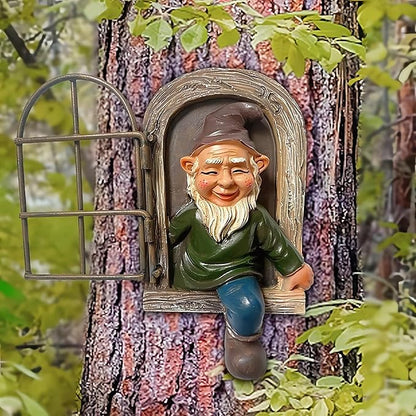5.7-inch Elf Out The Door Tree Hugger,Funny Garden Gnome Statue, Hanging Resin Gnome Figurine,Whimsical Tree Sculpture,Garden Peeker Statue,Ideal Patio Yard Lawn Porch Decoration