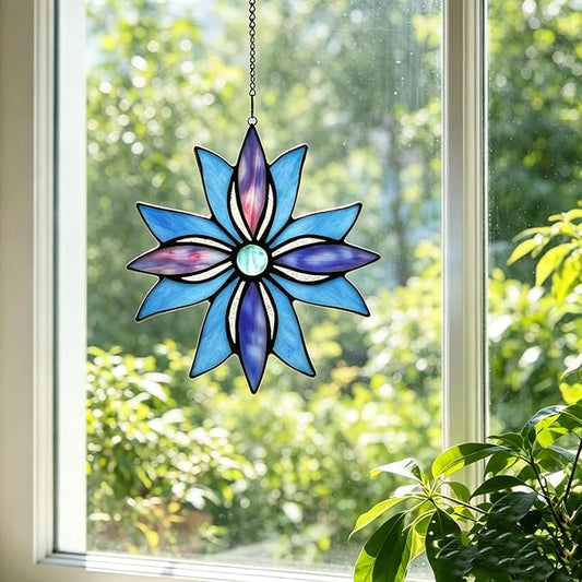 Stained Glass Window Panels,Flower Handmade Art Crafts Suncatcher for Window or Wall (Indigo starflower)