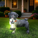 Black Pug Front-Door Greeter with Solar Lantern & Double-Sided Sign, Standing Pug Yard Statue for Planters, Walkways & Porch Seating