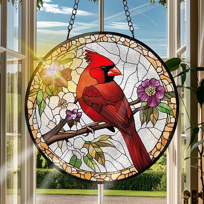 VAIIEYO Cardinal Bird Sun Catcher Stained Glass Window Hanging Ornament, Handmade Sun Catcher Animal Bird Decoration with Hooks for Window Garden Home,Christmas & Birthday Housewarming Gift (7.8 inch)