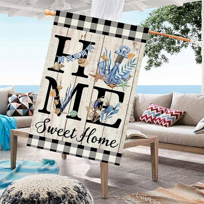 ORTIGIA Beach House Flag 28 x 40 Inch Double Sided Burlap Home Sweet Home Blue Anchor Starfish Seashell Coastal Ocean Yard Flag Summer Holiday Seasonal Outdoor Outside Decoration(Large)