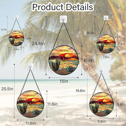 DASTOLL Stained Glass Window Hanging, Golden Landscape Dusk Sunset Suncatcher for Doors Window Home Cactus Sun Catchers Decoration Mother's Day Birthday Gifts for Women, Men, and Mom 15 in
