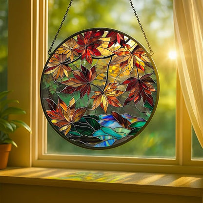 Autumn Leaves Stained Glass Window Hanging Panel – Nature Fall Suncatcher Wall Art for Home Window Decor and Gift