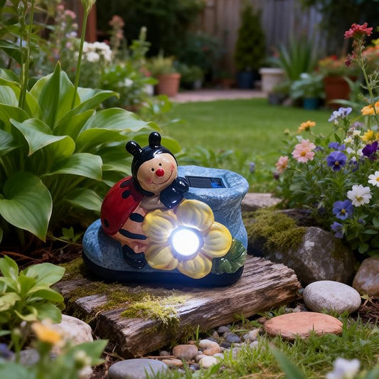 WYQF501 Solar Outdoor Light – Unique Ladybug and Shoe Design, Durable Resin Landscape Light for Pathways and Steps