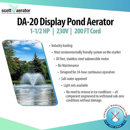 Scott Aerator DA-20 Display Pond Aerator – 1-1/2 Horse Power 230V 200ft Cord | Aerating Pond Fountain | Pond Aerator Pump for Small Ponds | Pond Aeration System | Made in USA