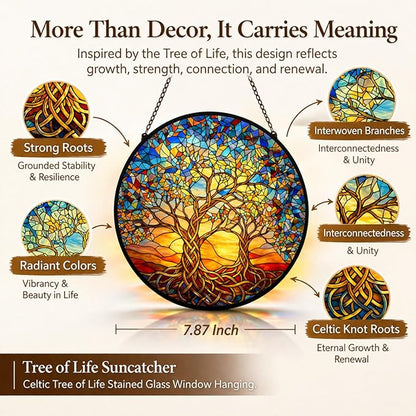 Celtic Tree of Life Suncatcher Window Hanging, 7.8" Stained Glass Decor, Symbolic Gift for Family and Loved Ones, Home Decor for Window, Wall, Living Room, Sunroom and Garden