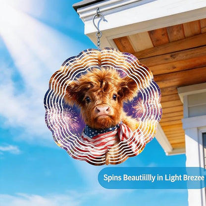 Wind Spinners Cow Fireworks Red White Blue Art 9.8 x 9.8 Inch Metal Wind Spinner Outdoor Garden Decor Festive Illustration Decorative Wind Spinners for Yard Patio