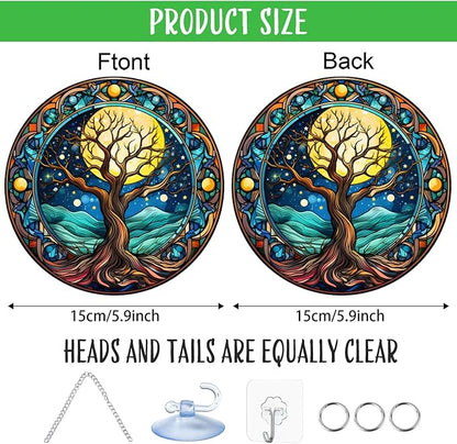 1PC Tree of Life Stained Glass Suncatcher Nature Round Big Trees and Stars Moon Suncatcher Hanging Decoration with Metal Chain-SunCatchers for Window Decor Outdoor Garden Decor Gift