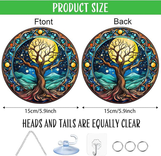 1PC Tree of Life Stained Glass Suncatcher Nature Round Big Trees and Stars Moon Suncatcher Hanging Decoration with Metal Chain-SunCatchers for Window Decor Outdoor Garden Decor Gift