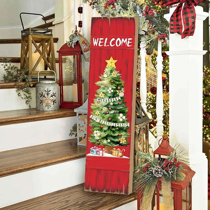 PEROUU Merry Christmas Porch Sign for Front Door, Xmas Wooden Welcome Sign with Christmas Tree for Front Porch Decorations, Winter Garden Decor Outdoor Hanging Signs Wall Sign 31.5" H