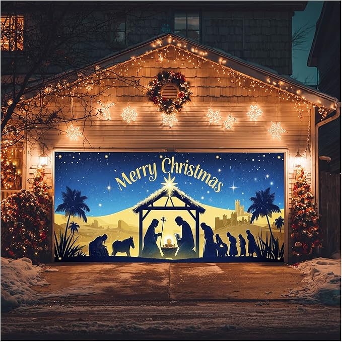 HOMETITUTE Christmas Garage Door Banner 13x6ft Holy Nativity Manger Scene Theme Backdrop Holiday Seasonal Decor Winter Door Cover Banners for Outside Garage Wall Covering for Party