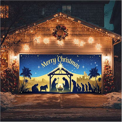HOMETITUTE Christmas Garage Door Banner 13x6ft Holy Nativity Manger Scene Theme Backdrop Holiday Seasonal Decor Winter Door Cover Banners for Outside Garage Wall Covering for Party