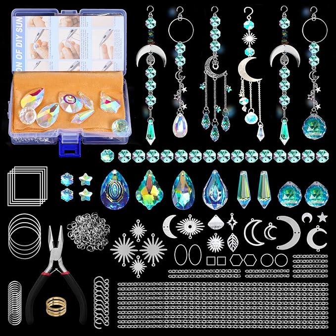 DIY Suncatcher Making Kits, 200 pcs Silver Crystal Sun Catchers Crafts with Hooks Chains Pendants Rainbow Maker for Window Hanging Prism Indoor Outdoor Garden Party Decor