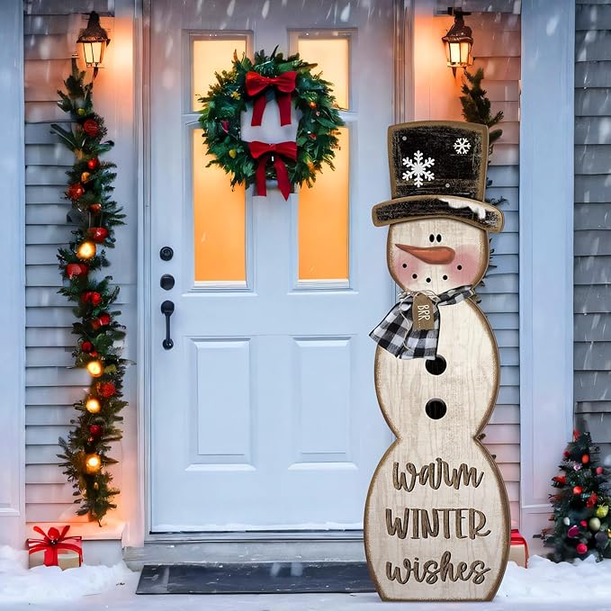 Winter Snowman Porch Sign Wooden Porch Decor Winter Christmas Nutcracker Snowman Front Door Welcome Standing Sign for Xmas Farmhouse Outdoor Yard Wall Hanging Decorations(42 Inch,Rustic)