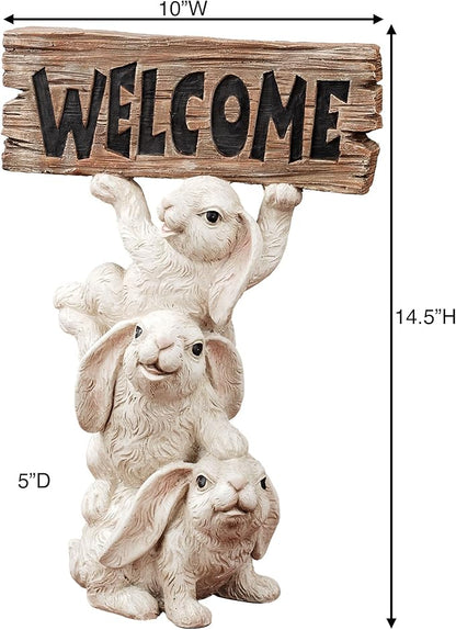 Touch of Class Bunnies Trio Welcome Sculpture - Resin - White, Brown - Indoor, Outdoor - Cute Smiling Hares for Entryway, Foyer, Hallway, Porch, Garden, Lawn, Yard