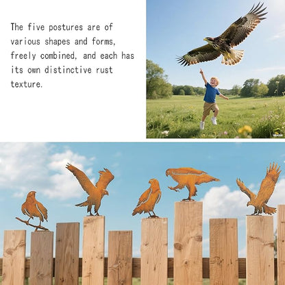 Rusty Birds Decoration (5-Piece Set) – Rusty Birds Fence Decorations Outdoor, Metal Eagle Garden Decor for Patio, Rustic Retro Style, Unique Outdoor Bird Decor,Premium Garden Decor Gifts